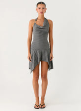 Bad Alive Halter Hanky Mini Dress - Grey Marle Stripe
