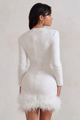 Claudia | White Sequin High Neck Feather Hem Mini Dress With Long Sleeves