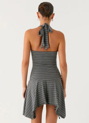 Bad Alive Halter Hanky Mini Dress - Grey Marle Stripe