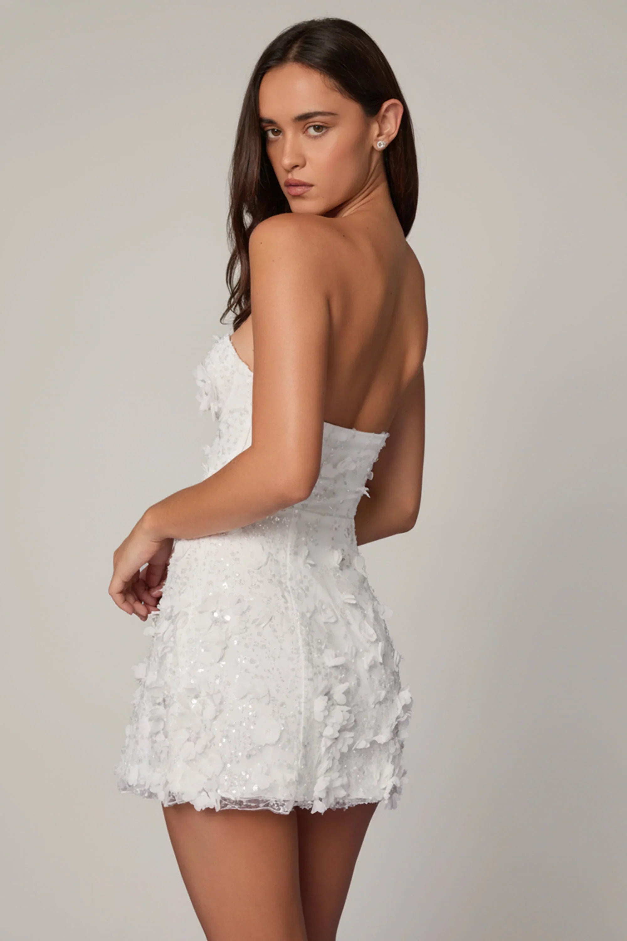 Embellished Bandeau A-line Mini Dress in White